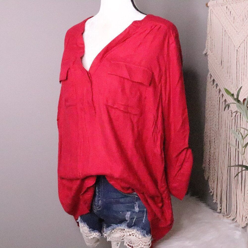 Torrid | V Neck Popover Roll Tab Sleeve Top 0